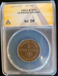 1862-B Germany Saxony 5 Pfennig Copper ANACS AU 58 | KM#1218 - Picture 1 of 4