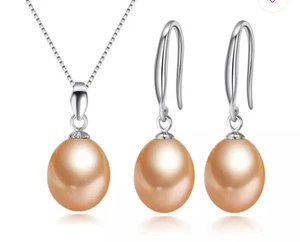 7mm Peach Freshwater Pearl 18" Necklace and Earrings Sterling Silver - Picture 1 of 13