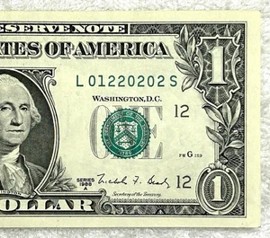 AU 1988A Low Digit Fancy Serial $1 Bill Federal Reserve Note - 01220202 - Bild 1 von 3