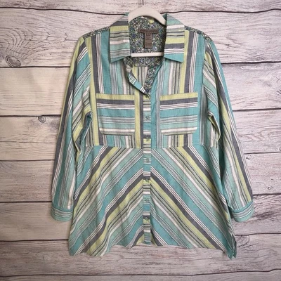 Blusa Sharon Young Talla M Gran Tamaño Algodón Texturizado Tiras Abstractas Azul Amarillo Foto 1 de 4