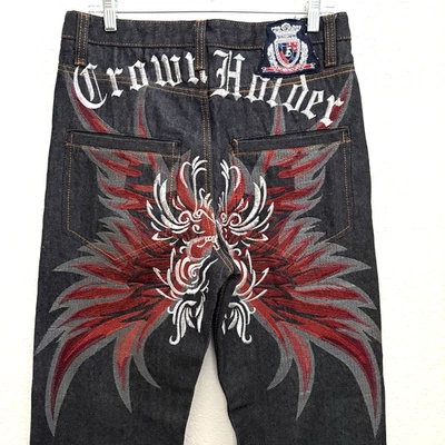 Vintage New Crown Holder Mens embroidered Jeans 32x32 Y2K Hip Hop Dark Wash - Image 1 of 4