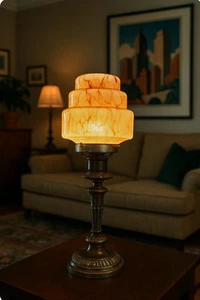 Original Art Deco Silver Plated Table Lamp 1930s Stepped Skyscraper Glass Shade - Foto 1 di 21