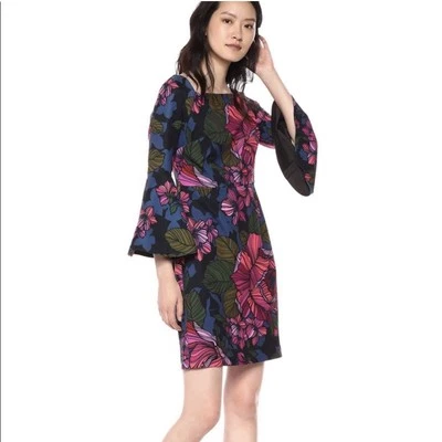 Vestido Floral Audaz Manga Campana Cuello Cuadrado Trina Turk Miley Colorido Perfecto Talla 8 Foto 1 de 4