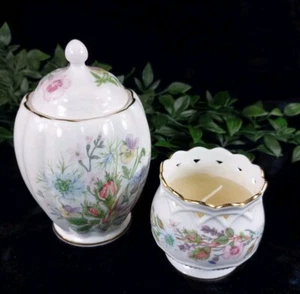 Aynsley porcelain Wild Tudor set of 2 Lidded Jar & Candle Holder  - Picture 1 of 15