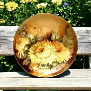 Antique Limoges Hand Painted Cabinet Plate Yellow Chrysanthemums Artist Signed - Picture 1 of 11