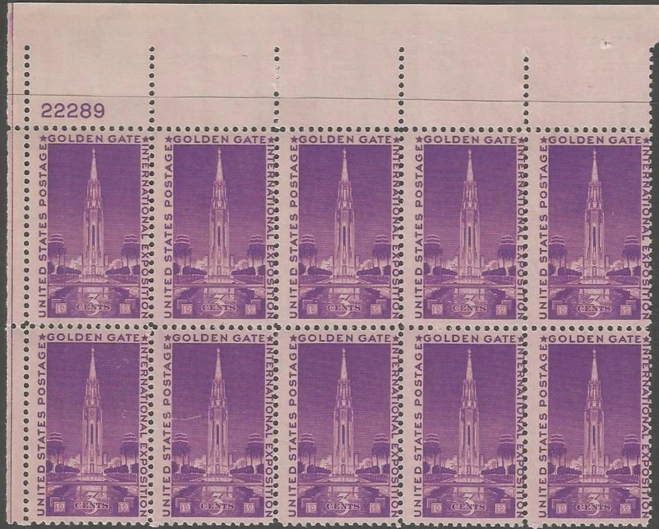 Plate Block of 10 stamps - Scott 852 - 3 cent - Golden Gate - 1939 - MNH - Image 1 of 1