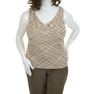 NINE WEST Women's X-LARGE Sleeveless BROWN & WHITE V-NECK TOP Wide Ribbed TANK - Picture 1 of 10