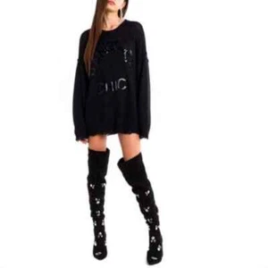 WILDFOX Sweater Womens Medium Black Hangover Chic Sequin Pullover Crew Distress - Picture 1 of 19