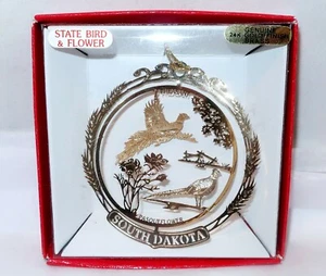 NIB SOUTH DAKOTA Flower & Bird 24K Gold Finish Brass Filigree CHRISTMAS ORNAMENT - Picture 1 of 3