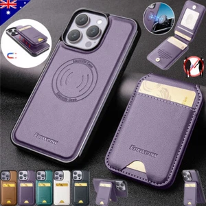 For iPhone 16e 16 15 14 13 12 11 XS Detachable Magent Wallet Case MagSafe Cover - Picture 1 of 71