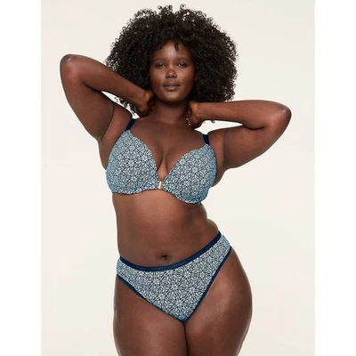 Cacique Cotton Boost Plunge Bra Blue White Print Front Closure Comfort Size 48C - Image 1 of 4