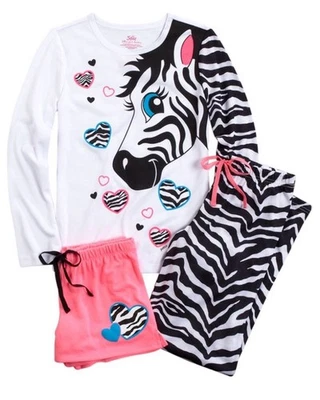 NWT Girls Justice 3 pc. Zebra Pajama Set Pants, Shorts Black White Hot Pink 20 - Image 1 of 4