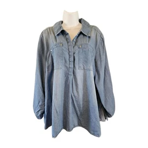 Lane Bryant Shirt Womens 22/24 Light Blue Chambray 1/2 Button Collar Long Sleeve - Picture 1 of 11