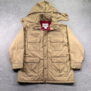 Vtg Woolrich Barn Jacket Womans Large Tan Chore Coat Hooded Outerwear - Picture 1 of 15