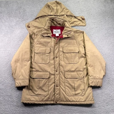 Vtg Woolrich Barn Jacket Womans Large Tan Chore Coat Hooded Outerwear - Image 1 of 4