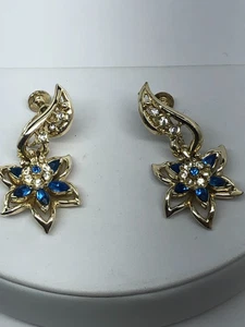 Pendientes Coro Vintage Azul Estrás Tono Oro Floral Cuelga Clip On - Imagen 1 de 6