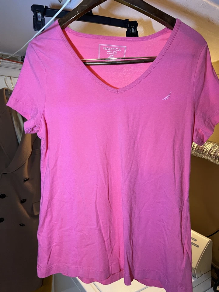 Nautica 女式大号睡眠衬衫 L 睡衣睡衣上衣粉色短袖 — 第 1/4 张图片