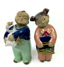 Pair of Chinese Farmers Country Life Sculptures Stoneware Glazed figurines