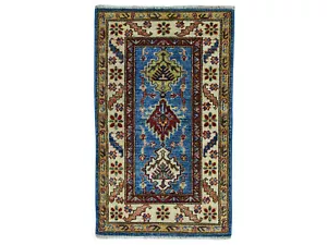 2'x3'6" Blue Super Kazak Pure Wool Geometric Design Handmade Rug G50913 - Picture 1 of 6