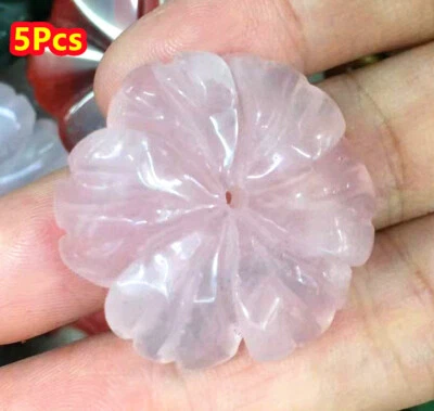 5Pcs 30x4mm Natural Rose Quartz Hand Carved Flower Pendant Bead ETY17 - Image 1 of 2