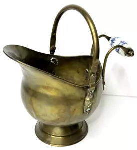 Vintage Brass Coal Scuttle Delft Handle Bucket 8 1/2" Tall 5" Wide - Picture 1 of 9