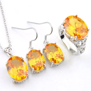 Regalos de Navidad Conjunto de Joyería Ovalado Citrino Plata Pendientes Colgantes Collar Anillo 7 8 9 - Imagen 1 de 13