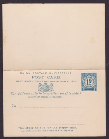NSW SUPERB 1899 1 1/2d BLUE QV POSTCARD WITH REPLY MINT UNUSED (NG48) Cover