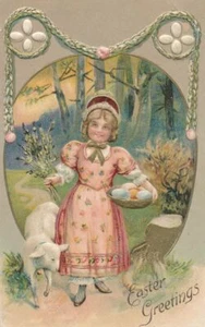 EASTER - Girl, Lamb and Colored Easter Eggs Postcard - Picture 1 of 2