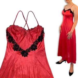 Red Black Lace Vintage 70s Long Maxi Slip Night Dress Goth Nightgown Lingerie - Picture 1 of 4