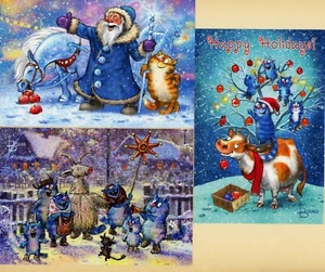 Lote de 3 postales Zeniuk de gatos azules Navidad Año Nuevo gatos vaca - Imagen 1 de 2