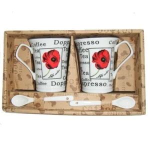 Tea Coffee Poppy Flower Mugs Espresso China Mug & Spoon Gift Box (Set of 2) - Picture 1 of 1