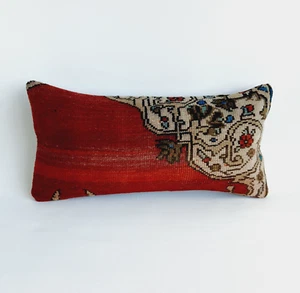 vintage lumbar rug pillow cover , handwoven turkish pillow , 12x24 in - Picture 1 of 9