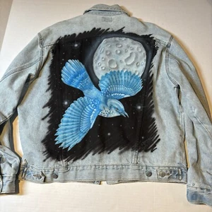 Vtg Guess Jeans Airbrushed Blue Bird Moon Denim Jean Jacket Men’s Sz L 90s - Picture 1 of 8