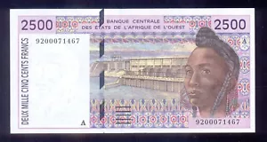 WEST AFRICAN STATE "A" for Cote d'Ivoire 2500 Francs 1992 P112Aa *RARE* UNC - Picture 1 of 2