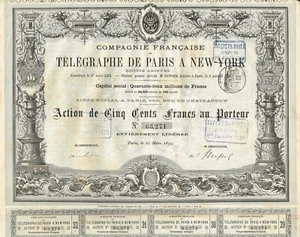 FRANCE PARIS TO NEW YORK TELEGRAPH COMPANY stock certificate/bond - Picture 1 of 1