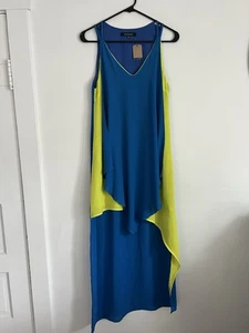 Strut and Bolt Maxi Dress Open Front Blue & Yellow Women's Size Small Ruffle NEW - Picture 1 of 5