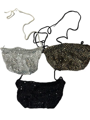 Pacote com 3 bolsas de ombro pequenas semi transparentes lantejoulas ouro preto prata glam evento HOCO - Imagem 1 de 4