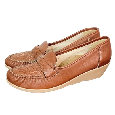 Vintage 1970s moccasin style wedge shoes 11 SOFT SPOT brown heel leather loafers - Image 1 of 4