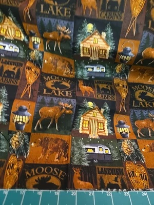 Deer Moose Mountain Bear Cotton Fabric 1 Yard Precut Rv Lodge Wilderness Quilt   - Image 1 of 4