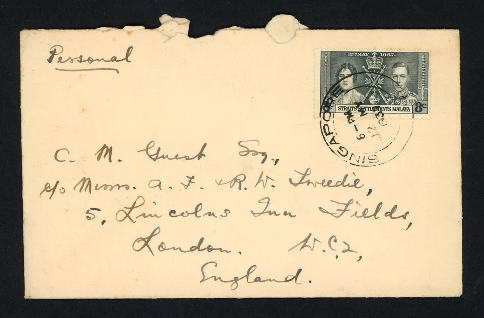 1937 Asentamientos del Estrecho de Singapur Malaya Cubierta FDC KGVI Coronación, 8c 12/5/37 Foto 1 de 2