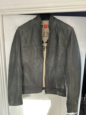 Rare Hugo Boss Grey Nappa Leather Jacket Bomber Large RRP £499 Great Condition - Image 1 of 4