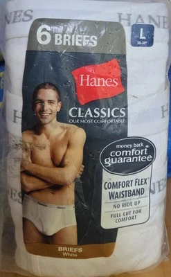 Hanes New 2010 Men's Underwear Briefs Waist L 36 White 6 Pair Sealed NOS - Image 1 of 4
