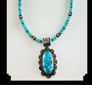 White Fox Creation: Navajo Artist Happy Piasso Pendant on Turquoise Chain - Picture 1 of 6