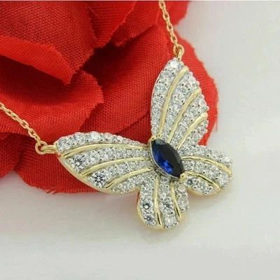 Collar de diamantes marquesa de zafiro azul creado en laboratorio de 3 quilates enchapado en oro amarillo de 14 k Foto 1 de 4