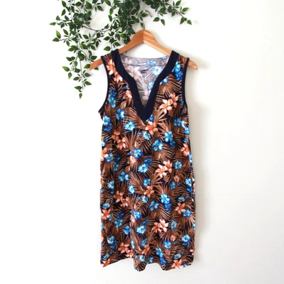 Vestido para mujer Lands' End azul naranja marrón floral sin mangas de algodón talla mediana Foto 1 de 4