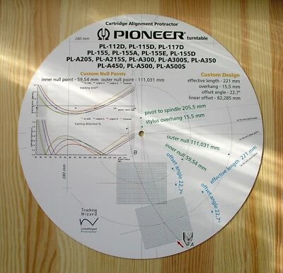 TRACKING WIZARD Pioneer PL-112/115/117/155 & PL-A205/A215/A300/A350/A450/A500 Tonearm Protractor