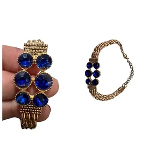 Pulsera chapada en oro vintage con pedrería azul y cadena ajustable - Imagen 1 de 6