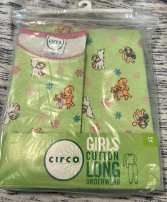 NWT Girls CIRCO Sz 12 Cotton Pajamas / Long Underwear 2pc Lt GREEN W/ Kitty Cats - Image 1 of 4