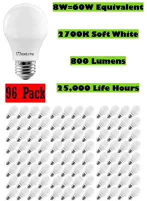 Light Bulbs 96 Pack Maxlite 60W Equivalent LED Soft White 2700K A19 E26 Dimmable - Image 1 of 4