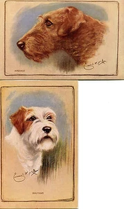 Vintage Postkarten Paar TERRIER AIREDALE SEALYHAM Künstler signiert Ernest H Mills  - Bild 1 von 2